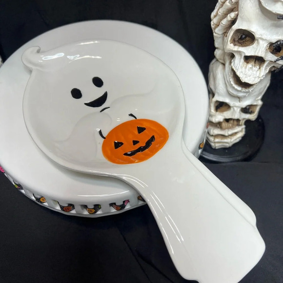 Halloween Happy Ghost w/ Pumpkin Pal Ceramic XL Cookie Jar - 2 Mugs & Spoon Rest - Picture 14 of 16
